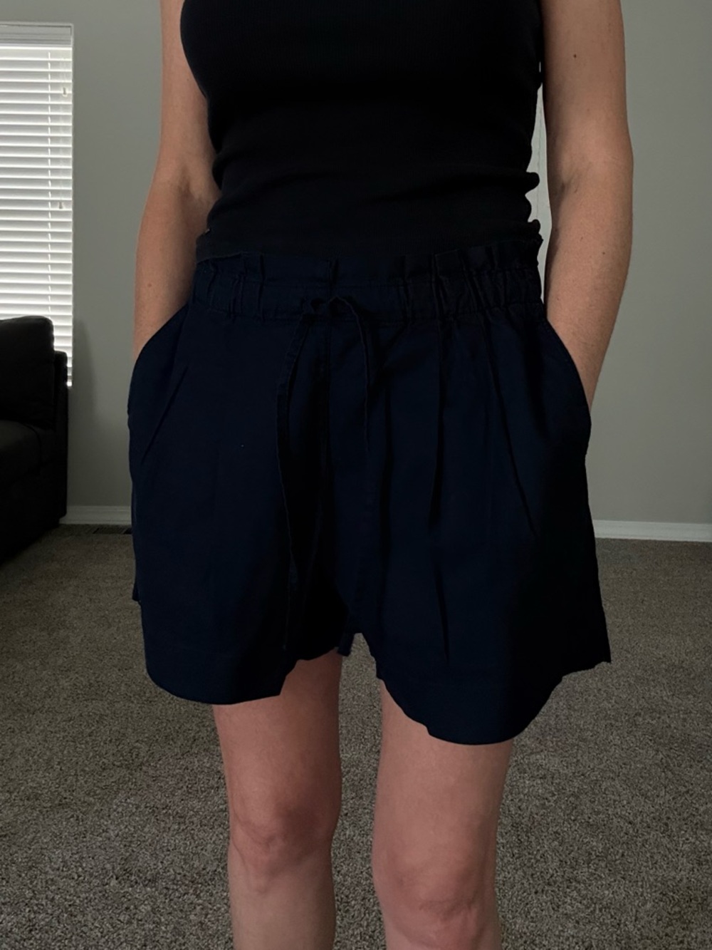 Women's Dark Navy Drawstring Paperbag Waist Shorts with Pockets